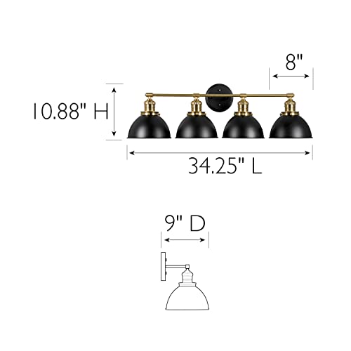 Image of Design House Savannah Rustic Farmhouse 4-Light Bathroom Vanity Light, Dimmable, Satin Gold, Matte Black Metal Shade, 34.25 in x 9 in x 10.88 in, 589051-BGD