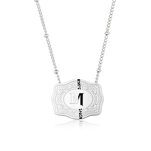 Rhodium-Plated Initial Letter Pendant Necklace with Embossed Belt Buckle, Western Cowgirl Initial Necklace for Women, Buy 1 Get 2 Chains, Personalized Jewelry Gift for Women and Men