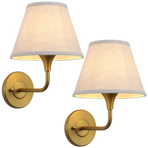 Image of PERMO Wall Sconces Set of 2 Classic Gold Sconce with Linen Lampshade Set of Two Wall Light for Living Room Bedroom Hallway Bathroom Stairs Kitchen
