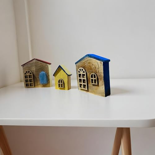 Rustic Wooden Mini House Decor Set of 3 | Handcrafted Wooden Houses with Colorful Roofs | Farmhouse Style Home Decor for Shelf, Table, or Mantel | Handmade Decorative Accent & Gift Idea