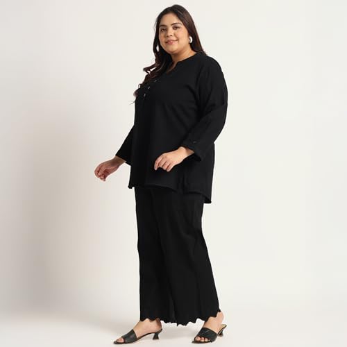 Image of Women's Solid Denim Co-Ord Set | Mandarin Collar Button Placket Top with Wide Leg Pants | Relaxed Fit Casual Daily Wear Two Piece Outfit