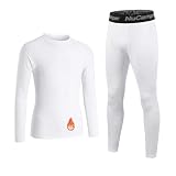 NuCamper Set di biancheria intima termica per bambini, con maglia a maniche lunghe e leggings foderati in pile, traspirante, per calcio, corsa, sport, basket, sci, bianco, 28/140-145cm