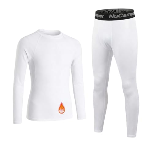NuCamper Kids Thermal Base Layer Set, Athletic Kid Fleece Lined Long Sleeve Tops & Tights Leggings, Kids Base Layer Suit Breathable Underwear Compression Sets for Football Running Sport Basketball Ski