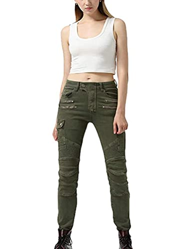 ORANDESIGNE Pantalon de Moto pour Femme en Tissu Denim Extensible résistant à l'usure, Coupe-Vent, Respirant et résistant aux déchirures. Convient pour l'équitation, l'équitation B Armée Verte XS