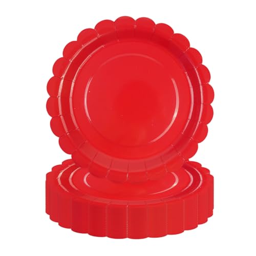 DHAIQC Lot de 50 Assiette Carton Rouge de 23 cm, Festonnées Assiette Jetable Vaisselle Jetable Anniversaire Pour Gâteaux Desserts Anniversaires Baby Showers...