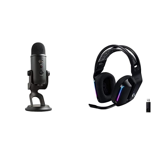 Blue Yeti USB Microphone for PC, Mac, Gaming, Recording, Streaming, and Podcasting + G733 Lightspeed Wireless Gaming Headset with Suspension Headband, Lightsync RGB, and PRO-G Audio - Blackout - Mic + Gaming Headset - Blackout
