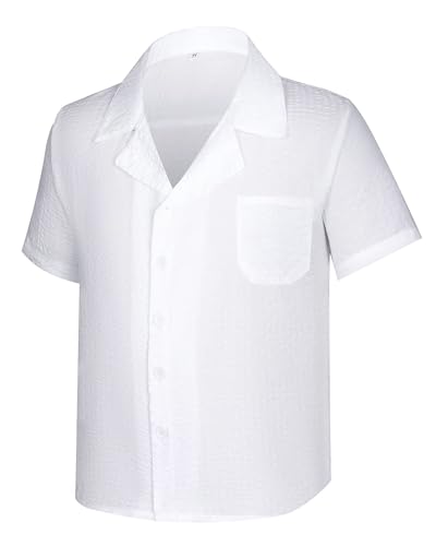 Image of Boys Summer Textured Outfit Beach Short Sleeve Button Down Shirts and Shorts 2 Piece Vacation Clothing Set for Kids