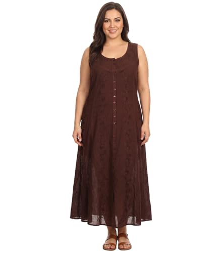 Image of Sakkas Maya Floral Embroidered Sleeveless Button Up Rayon Dress