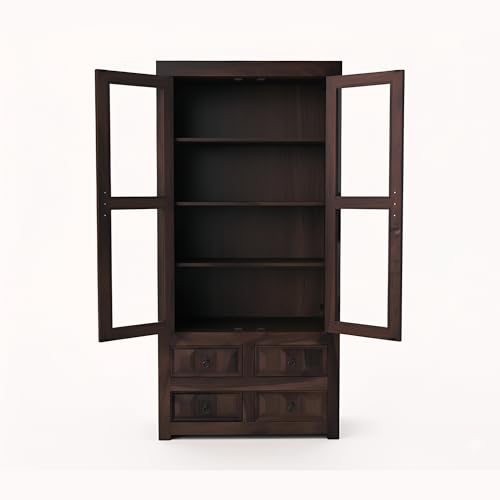 Image of SONA Art & Crafts Solid Wooden Book Shelf Cabinet with Glass Rack and Drawer Storage for Home & Office Living Room | Crockery Cabinet for Kitchen Library (Walnut Finish)