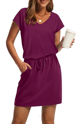 OFEEFAN Womens Summer Dresses Short Sleeve T Shirts Dress Casual V Neck Vacation Mini Dresses with Pockets Beach Vacation Essentials Fashion L Purplish Red