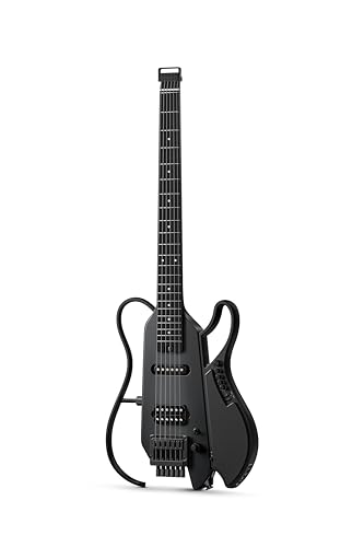 Image of DONNER HUSH X LIVE Electric Guitar with Detachable Speaker, Headless Travel Guitar Built-in Amp Modeling & Effects, Bluetooth Practice Guitar Kit with Gig Bag, Black