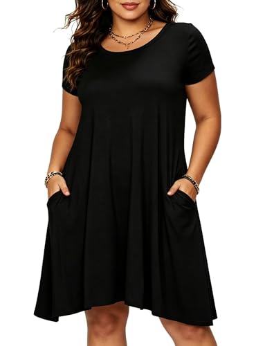 Image of Afibi Womens Short Sleeve Loose Pockets Dress Casual Swing T-Shirt Dresses