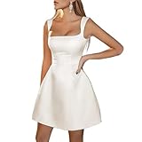 Absyore Women's Pleated Short Wedding Dress for Bride 2023 Square Neck Summer Wedding Dress Boho Wedding Dress Satin Bridal Gown Ivory 14