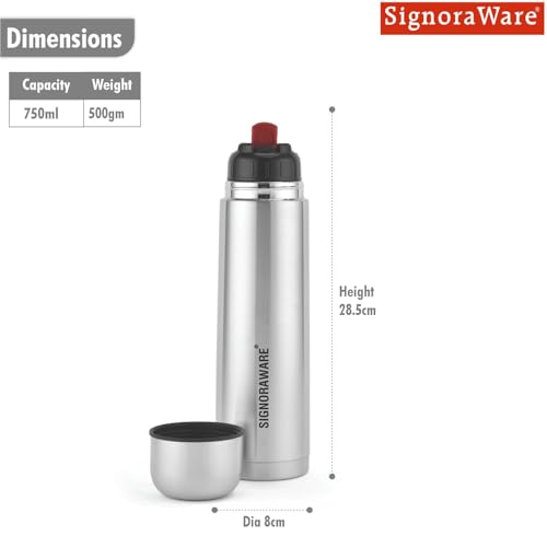 Image of SignoraWare Bullet Stainless Steel Vaccum Insulated ISI Certified Cola Bottle with Protective Cover | Airtight & Leakproof | Hot & Cold for Hours | Durable Flask for Outdoor Use (750ml | Steel)