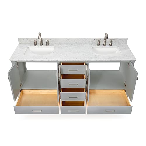 Ariel Cambridge 73" Inch Grey Bathroom Vanity With Italian Carrara Marble Countertop | Rectangle Sink| 4 Soft Closing Doors | 6 Full Extension Dovetail Drawers | Satin Nickel #TOP3