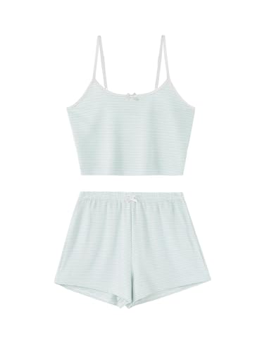 Image of Hilinker Womens Graphic 2 Piece Pajama Set Summer Cute Crop Cami and Shorts Ribbed Lounge Sets