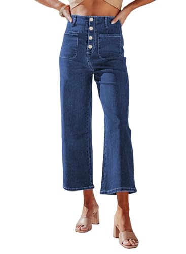 Sidefeel Women's Wide Leg Jeans High Waisted Stretchy Zimbaplatinum Straight Leg Jeans Buttoned Loose Denim Pants with Pocket Blue Size 10