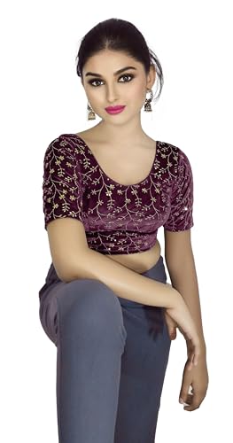 Image of PU Fashion Stylish Golden Embroidery Work Readymade Stretchable Velvet Blouse - Soft Breathable Fabric, Saree Blouse for Women