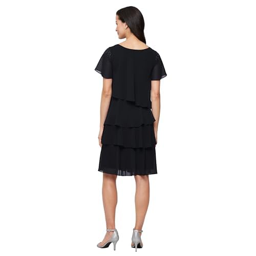 Image of S.L. Fashions Women's V-Neck Chiffon Cocktail Dress with Beaded Shoulders and Asymmetrical Tiers (Petite and Regular Sizes)