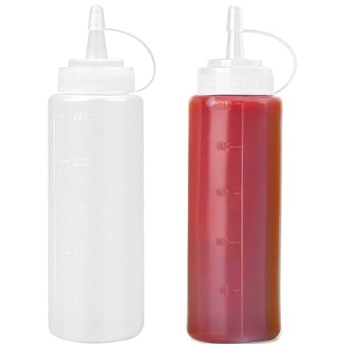 Ezranova 2 Stück Plastik Squeeze Flasche,Plastik Quetschflasche Dosierflasche mit Kappen, Condiment Flaschen für Drip Cake Backen, Saucenflasche,Ketchup, Scharfe Olivenöl,250ML