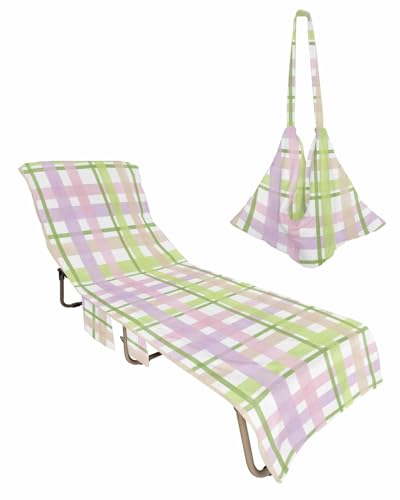 Teal Pink Purple Plaid Beach Lounge Chair Towel Cover, Soft Chaise Lounge Towel with Side Pockets Patio Pool Chairs Cover for Beach/Pool Sunbathing 29x85 Watercolor Checkered