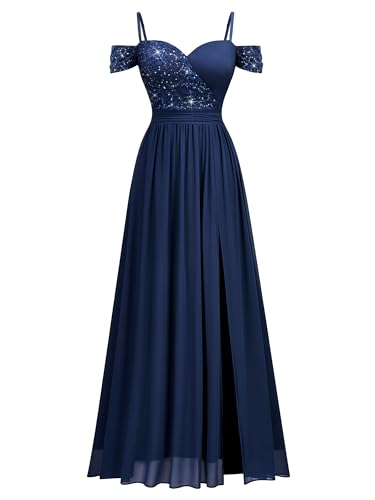Miusol Women's Off Shoulder Elegant Sequined Split Spaghetti Straps Wedding Maxi Dress (X-Large, Navy Blue)