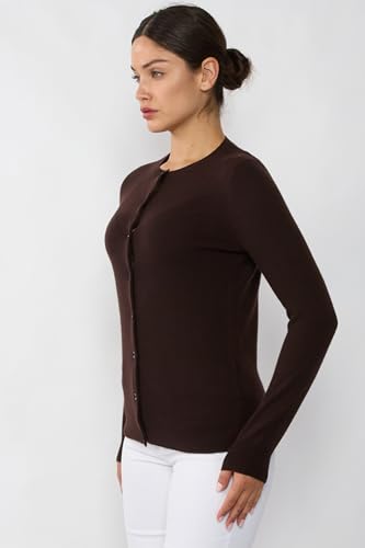 Image of JENNIE LIU Women's 100% Cashmere Button Front Long Sleeve Crewneck Cardigan Sweater