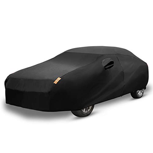 Image of uxcell 190T 450x175x150cm Black Car Cover Waterproof Breathable Scratch Rain Snow Heat Resistant with Driver Door Zipper Mirror Pocket and Reflective Strips