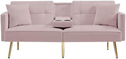 Miniatura 3 de Sofá cama plegable convertible de terciopelo de 69 pulgadas de ancho con 2 portavasos, sofá biplaza ajustable copetudo para espacio de vida