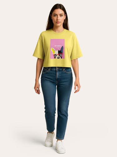 Image of HELLCAT Beige Printed Loose Fit Crew-Neck Crop T-Shirt for Women