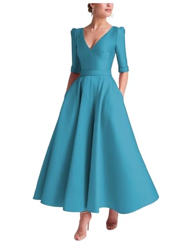 Women's Tea Length Mother of The Bride Dresses with Sleeves Satin V Neck Formal Evening Gown with Pockets
