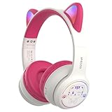 IFECCO Bluetooth Kopfhörer Kinder mit Mikrofon, Kinderkopfhörer Over-Ear mit Tasche, LED-Leuchten Katzenohr Kopfhörer für Schule, Smartphone