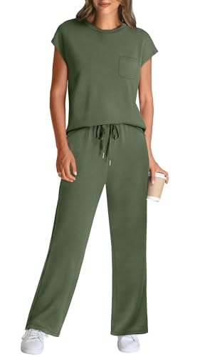 Image of WIHOLL 2 Piece Sets for Women Casual Summer Travel Vacation Outfits Cap Sleeve Lounge Set