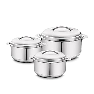 Classic Essentials Classic Essentials Stainless Steel Casserole with Lid (Set of 3) | Double Wall Stainless Steel Casserole with Mirror Finish | Serving Bowl | Hot Case for Roti | Food Grade Mirror Finish (500,1000,2000ML), Silver
