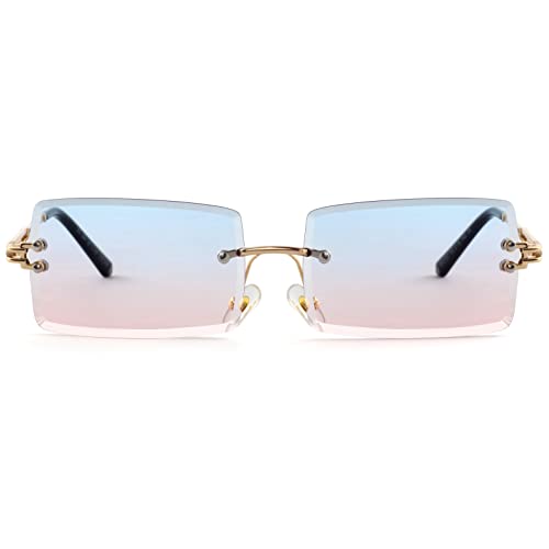 Image of Kursan Frameless Rectangle Sunglasses for Men Women Small Rimless Sun Glasses Shades UV400 Protection (Blue /Pink)