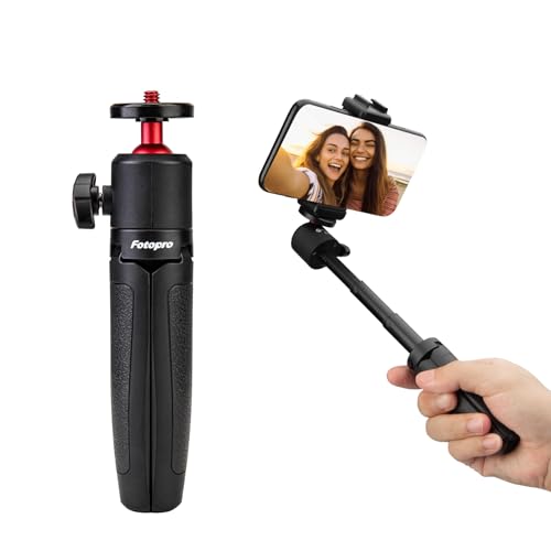 Fotopro 伸縮式ミニ三脚架 360°回転テーブルトップ三脚架 携帯電話ホルダーアダプター付き ハンドル付きセルフィースティック Vlogキット TL-601+SJ-85 ブラック