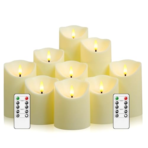 Image of Eebuss Flameless Candles with Remote Timer, Battery Operated Realistic Flickering LED Candles, 9 Packs Fake Candles for Home Decor (D3 x H 3 inch 4 inch 5 inch 6 inch 7 inch) (Ivory)