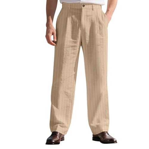 Mens Work Pants Striped Button Elastic Waist Lightweight Casual Relaxed Fit Yoga Beach Linen Pants Business Trousers