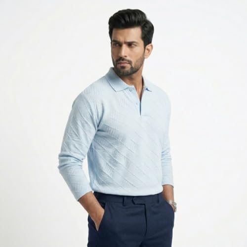 Image of BEAR THREAD Men's Polo T-Shirt | Linear Jacquard Full Sleeve Textured Knit Polo | Smart Casual Collared Stretch Fabric Tee | Stylish Everyday Wear for Men