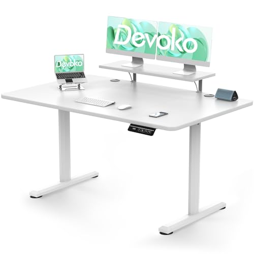 Devoko - Scrivania da utilizzare seduti o in piedi, 140 x 60 cm, con supporto per monitor, regolabile in altezza, elettrica, con 140 altezze memorizzabili, da lavoro (colore: bianco, 140 x 60 cm).