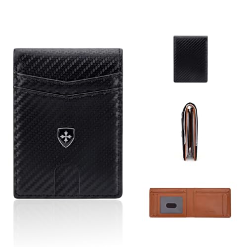 ZEPIQOR Cartera para Hombre Slim Fibra de Carbono con Bloqueo RFID, Tarjetero Hombre Ranuras para Tarjetas de Crédito, Clip para Billetes, Cartera Hombre Minimalista Bi-Fold con Caja de Regalo, Negro