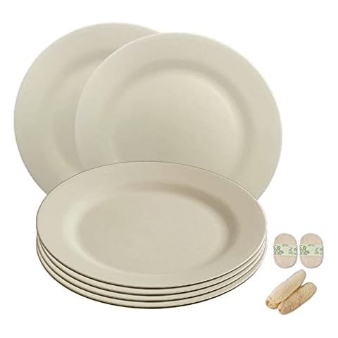 JSYMJSY 28cm Unbreakable Plates - 6pcs Plastic Dinner Plates Reusable with Loofah-Dishwashing-Brushes, Lightweight Great for Camping Picnics, Microwave Safe Dishwasher Safe, BPA-Free, Beige Cover