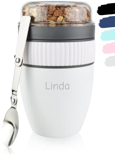 Milu Müslibecher to go mit Gravur 400ml I isolierter Edelstahl Joghurtbecher für Müsli I auslaufsicherer Becher mit Löffel für Yoghurt/Porridge (Gravur)