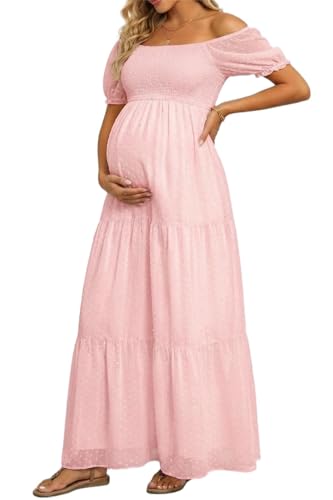 Image of Off The Shoulder Maternity Dress for Baby Shower - Women's Boho Swiss Dot Smocked Puff Sleeve Maxi Dress