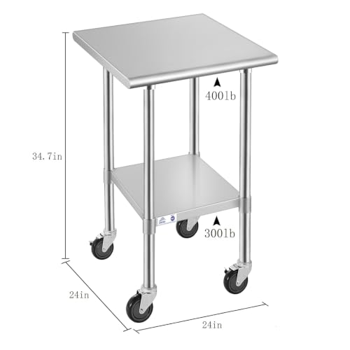 Image of ROCKPOINT Stainless Steel Table for Prep & Work with Caster Wheels 24x24 Inches, NSF Metal Commercial Kitchen Heavy Duty Table with Adjustable Under Shelf and Table Foot for Restaurant, Home and Hotel