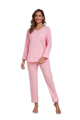 COLORFULLEAF Women's 100% Cotton Pajama Set Long Sleeve Sleepwear with Pants Soft Comfy Two-Piece Pjs with Pockets3
