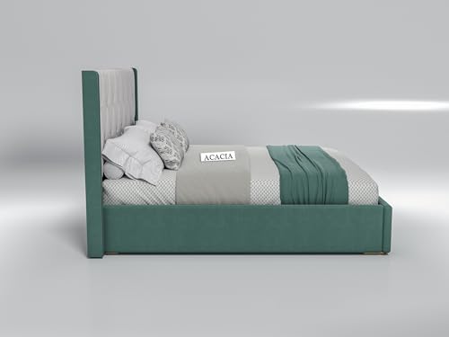 Image of Acacia Modern Upholstered Queen Size Bed with Box Storage for Bedroom | Wooden Double Bed with Storage | Platform Cot Bed with Upholstery Premium Fabric | 6.5 x 5 Ft, Sheesham Wood (Greendust & White)