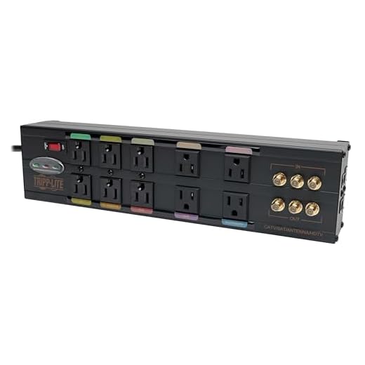 Tripp Lite Isobar 10 Outlet Audio/Video Surge Protector Tel/Modem/Coax/Network 8ft Cord Right Angle Plug, & $500,000 Insurance (HT10DBS) Black