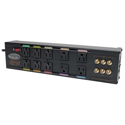 Tripp Lite Isobar 10 Outlet Audio/Video Surge Protector Tel/Modem/Coax/Network 8ft Cord Right Angle Plug & $500 000 Insurance (HT10DBS) Black
