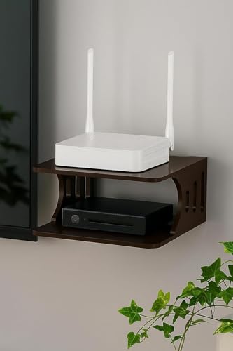 Image of Set Top Box Stand Wall Shelf & WiFi Modem Display Rack for Living Room (Full Brown)